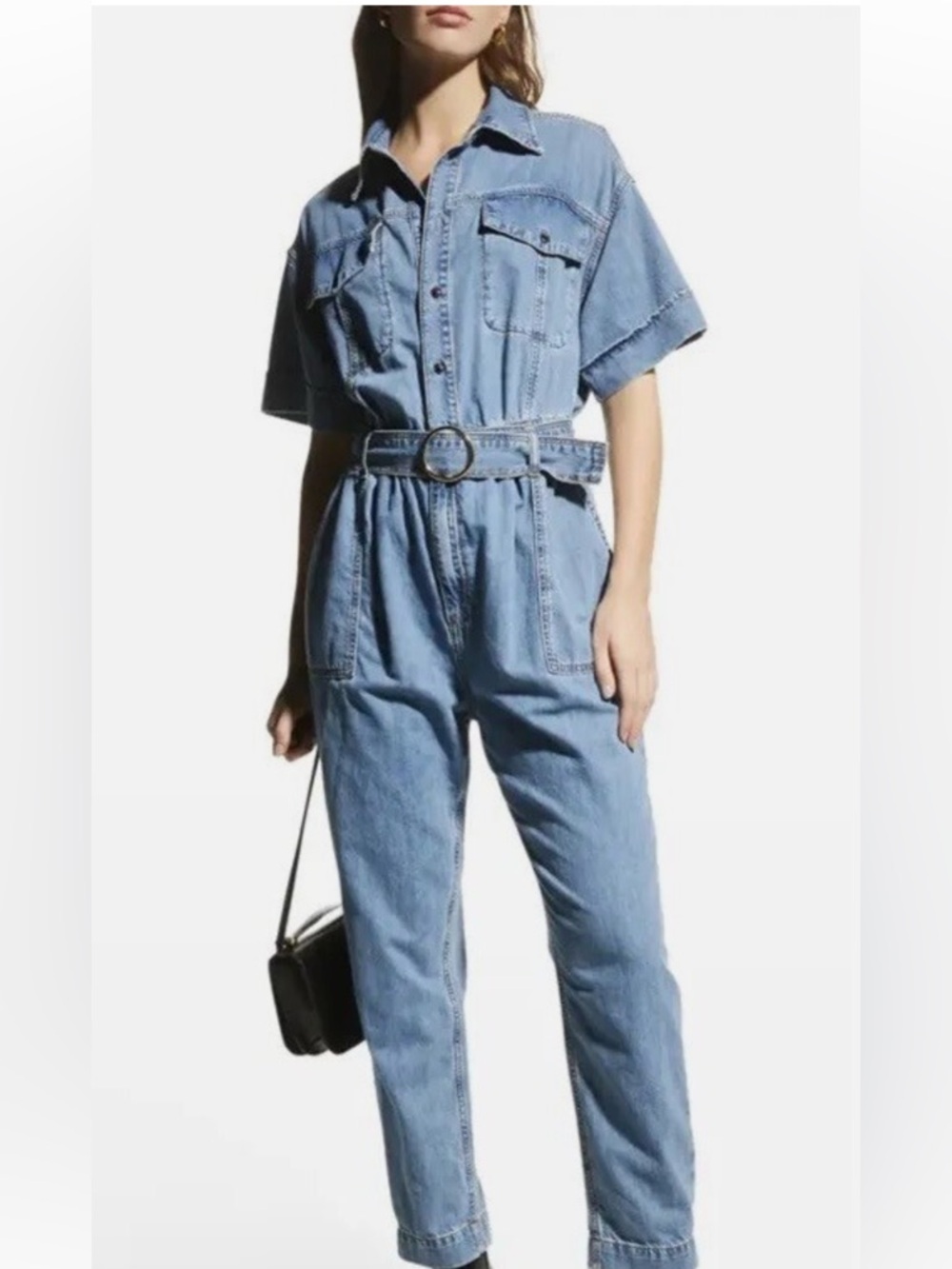 Frame Arie  Stretch Denim Light Blue Denim Utility Jumpsuit with Belt EUC